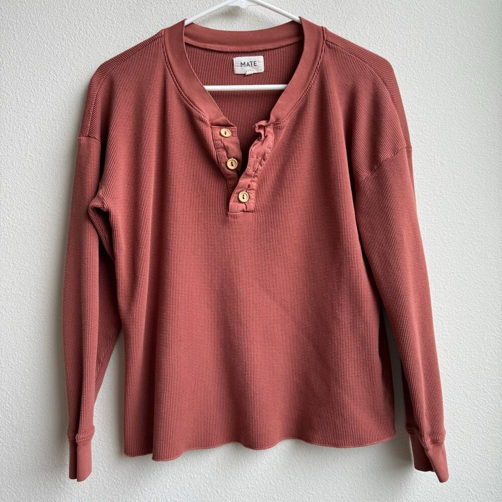 Mate The Label Waffle Knit Thermal Organic Cotton Shirt Small Orange Long Sleeve - Picture 2 of 7